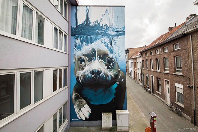 Smates - Hyperrealistic dog under water mural - Street art Belgium