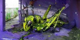 Bordalo II - Street Art, Space grasshopper