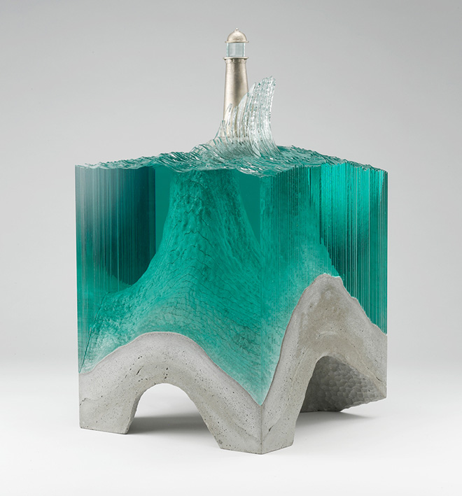   Glass sculptures,  Lonesome Light, Laminated clear float glass with cast concrete base and cast white bronze lighthouse