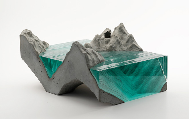 Glass sculptures, Fjord, Laminated clear float glass with cast concrete base and cast white bronze cabin.