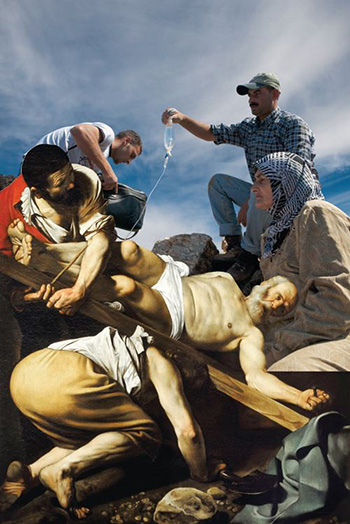 Crucifixion of Saint Peter (c. 1601)  Michelangelo Merisi Caravaggio  photo: Palestinian peasants attacked by Israeli settlers during olive harvest season in Salfit, West Bank. 25 Oct. 2006  by Alexandra Boulat