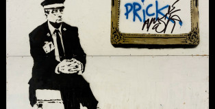 Banksy - Gallery Attendant AKA Prick, 2004 - Spray Paint and Stencil on Plywood, 95 x 95 inches - Original street work