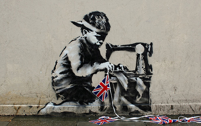 Banksy - Slave Labour Boy, London, 2006 - Stencil and Spray Paint on Stucco, 48 x 60 inches - Original street work