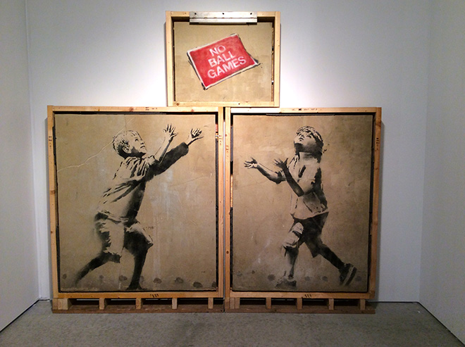 Banksy - No Ball Games, London, 2009 - Stencil and Spray Paint on Render, 8 x 6 feet (In Three Sections) - Original Street Work