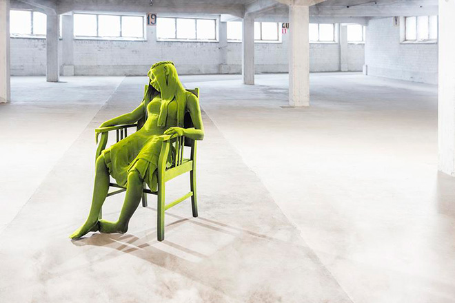 Kim Simonsson - Resting Moss Woman, 2015 - Ceramic, Wooden chair and Nylon fiber, 47.24H X 27.56W X 41.34D IN