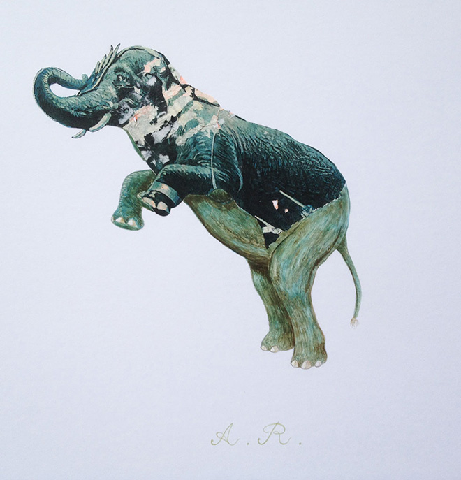 Guido Airoldi - (elefante), animali recuperati, collage e tempera all’uovo su carta