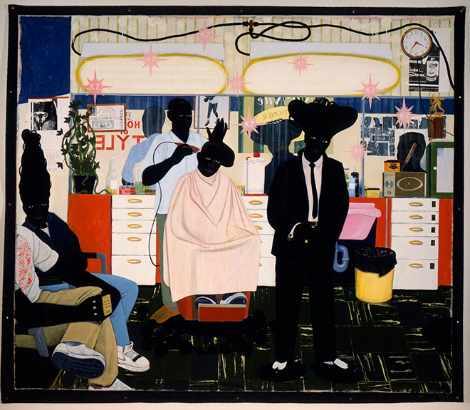 Kerry James Marshall - De Style,1993. Acrylic and collage on canvas; 104 x 122 in. (264.2 x 309.9 cm). Los Angeles County Museum of Art, Los Angeles, purchased with funds provided by Ruth and Jacob Bloom, AC1993.76.1 Digital image © 2015 Museum Associates/LACMA. Licensed by Art Resource, New York