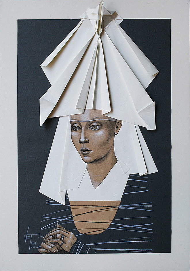 Vania Elettra Tam - Origami Clitoridei, falena, 2016, 70x50 cm. Tecnica mista su carta incollata su tela