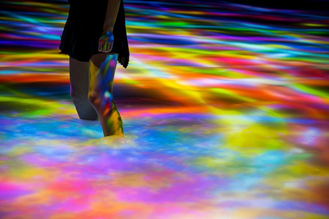 teamLab - Drawing on the Water Surface, 2016. Interactive Digital Installation, Created by the Dance of Koi and People - Infinity