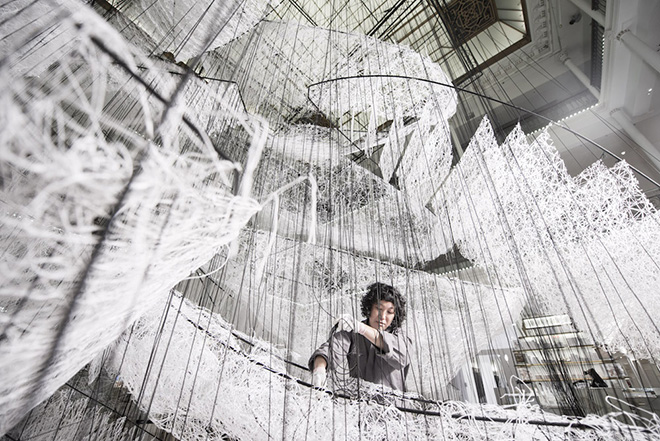 Chiharu Shiota - Where are we going?, 2017, installation Bon Marché Rive Gauche, Paris. photo credit: Gabriel de la Chapelle