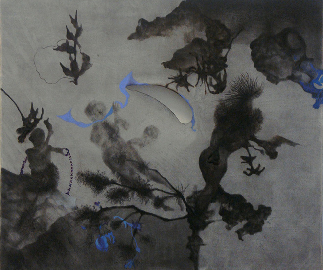 Shen Ruijun  - Lake (Thunder Series), 2009. Inchiostro, tempera, acquerello su seta / Ink, tempera, watercolor on silk, 43 x 51 cm. Courtesy l’artista / the artist e / and Gallery Yang
