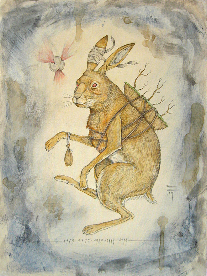 P54 - Rabbit, pencil and watercolor on canvas, Zodiac Project