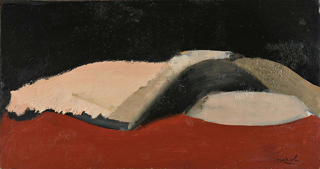 Carlo Mattioli - Nudo coricato, 1970, olio su tavola, 28x52,5 cm, collezione privata