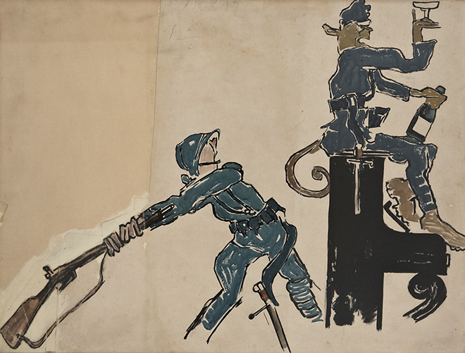 Mario Sironi - La strategia e la tattica spiegate al popolo austriaco, tavola per Il Montello, 1918. tempera su carta, cm 53x70