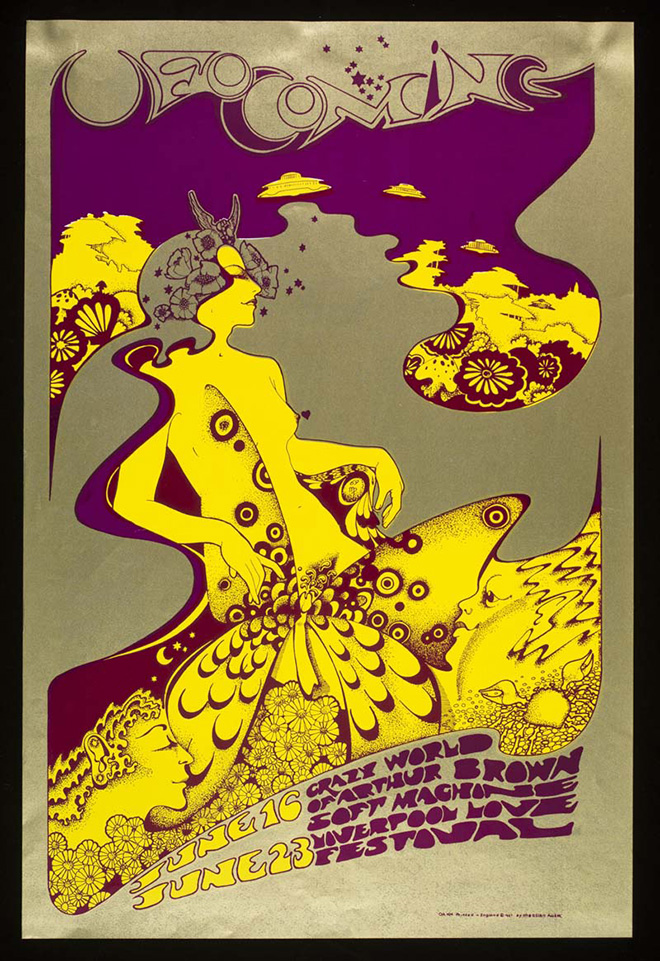 Poster di The Crazy World of Arthur Brown at UFO, 16 and 23 Giugno 1967, Hapshash and the Coloured Coat (Michael English & Nigel Waymouth). ©Victoria and Albert Museum, London