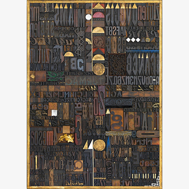Giorgio Milani - Oriente Occidente, 2007, assemblaggio di fregi e caratteri tipografici di legno, 140x100