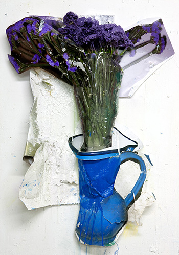 Giacomo Cossio - Vaso blu con fiori, tecnica mista collage su tavola, 2010