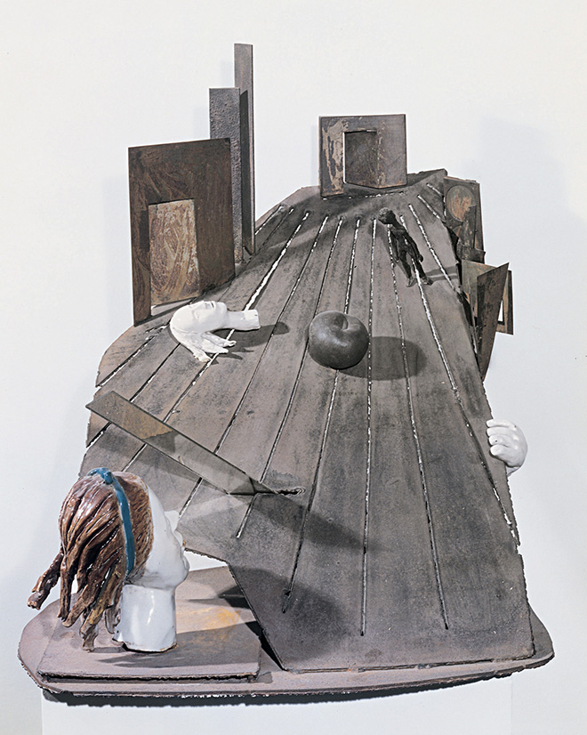 Alik Cavaliere - G.B. si innamora della signorina Bene, 1962, porcellana, ferro, bronzo, piombo, specchi, cm 78x103x71 - Museo del Novecento