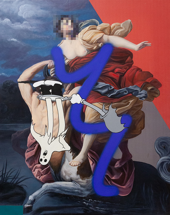 OZMO - Nessus and Dejanira plus Koko the clown, 2018, Acrilico su PVC di recupero, 100x70 cm. Street Art Ways, exhibition Melano (CH)