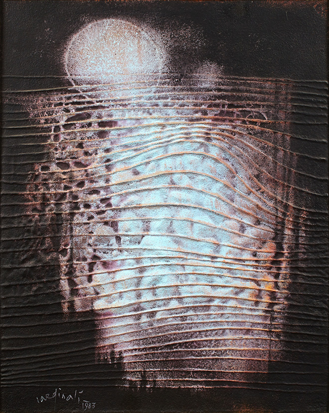 Franco Cardinali - Site cosmique aux reflets d'aurore, 1983, olio, caseina e sabbia su tela, cm 100x81.
