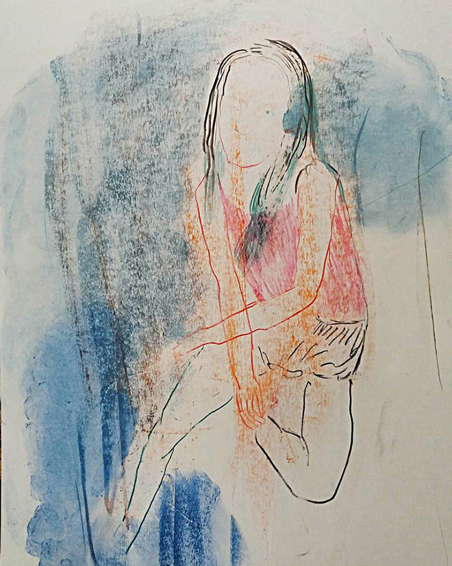 Elisa Filomena - Ragazza su bordo piscina, pastelli su carta, cm. 50x33, 2018