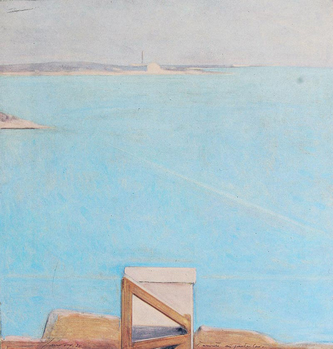 Piero Guccione - Tramonto a Punta Corvo (cat. 4), 1970, olio su tela, 66 x 64 cm, Fondazione Il Gabbiano, Roma