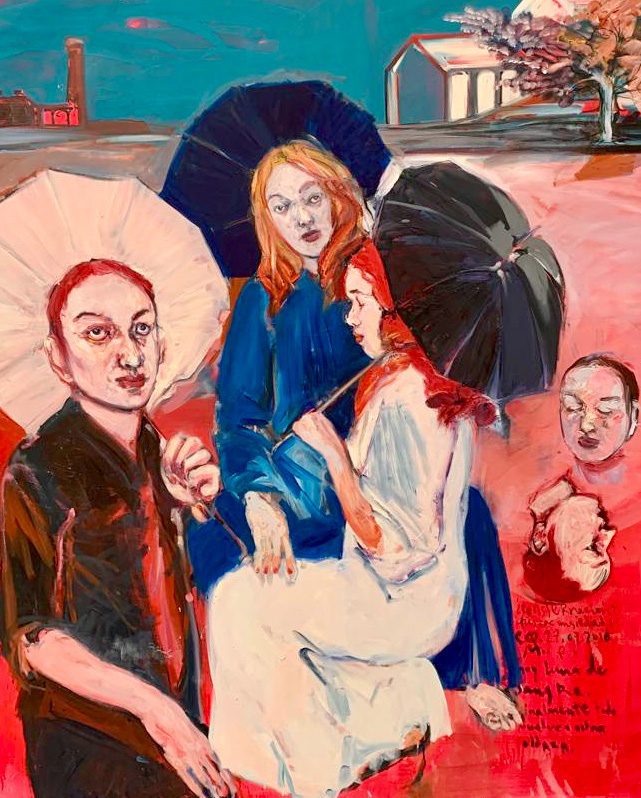 Carlos Quintana, Tre ombrelli, 2018. Olio su tela, 150x182