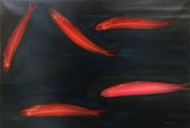 Renato Meneghetti - Vedere oltre, Aldilà del mare/ Rx, sardine in rosso, 2003. Alcohol on pigmented canvas. 75 x 108 cm (29.5 x 42.5 in)