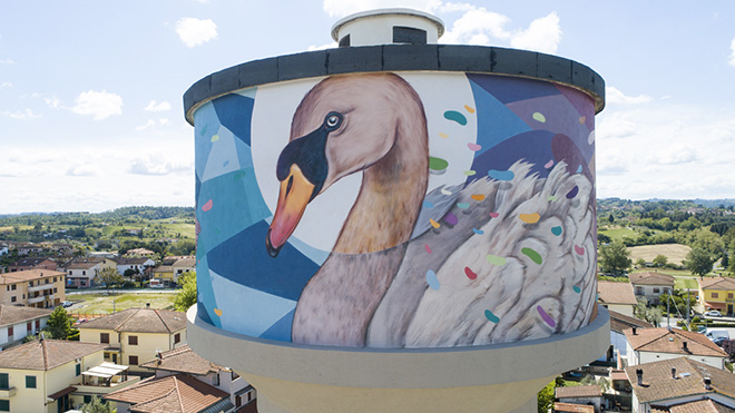 Refreshink, murale su torre dell’acqua (dettaglio), Montopoli (Pisa), Rainbow 2019. Ph.: Claudio Bellosta Studio