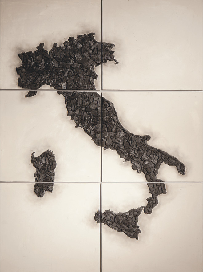 Vito Bongiorno - Fragile, 2018, cenere e carbone su tavola, 130x100 cm.
