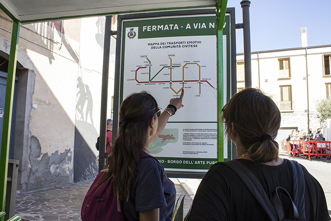 Biancoshock - (A Via Nov), Cvtà Street Fest 2020, Civitacampomarano. Photo credit: Giorgio Coen Cagli. The imaginary map of the public transport network visually creates the word CVTA.