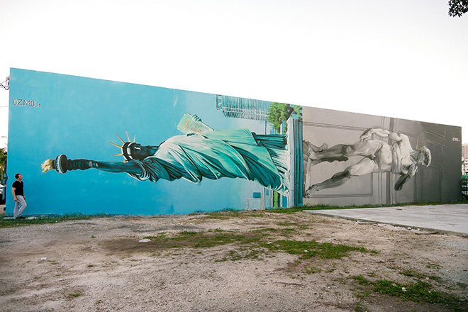 Ozmo - Lady Liberty and David sharing the same pedestal, Wynwood Art District Miami, 2014