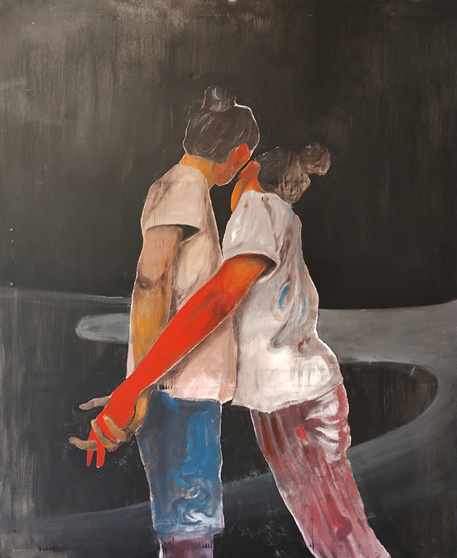 Matteo Casali - Abbraccio a distanza, 2020, tecnica mista su tela, 120 x 100 cm