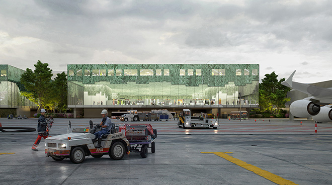 Prague Airport - ©Atchain. With direct frontages onto the airfield, flexibility is a key attribute of the design, allowing changes in programme as the airport continues to expand