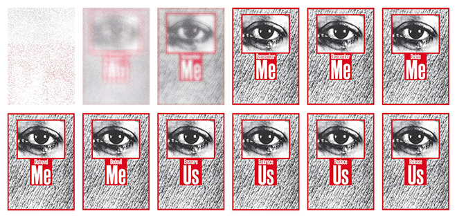 Barbara Kruger, Untitled (Remember me), 1988/2020 (stills), Single-channel video on LED panel, sound, 23 sec. 350.1 × 250.1 cm 137 7/8 × 98 1/2 inches, Courtesy the artist and Sprüth Magers