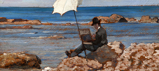Giovanni Fattori - Silvestro Lega che dipinge sugli scogli, 1886 circa, olio su tavola, 12x28 cm. Collezione privata