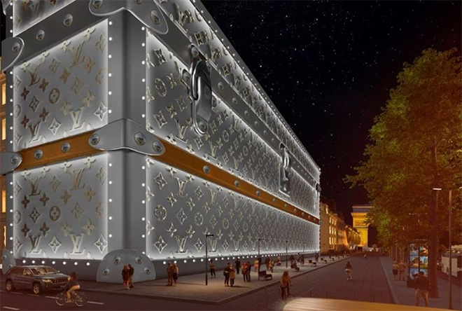 A Parigi il cantiere per il nuovo Hotel Louis Vuitton si trasforma in un gigante baule monogram