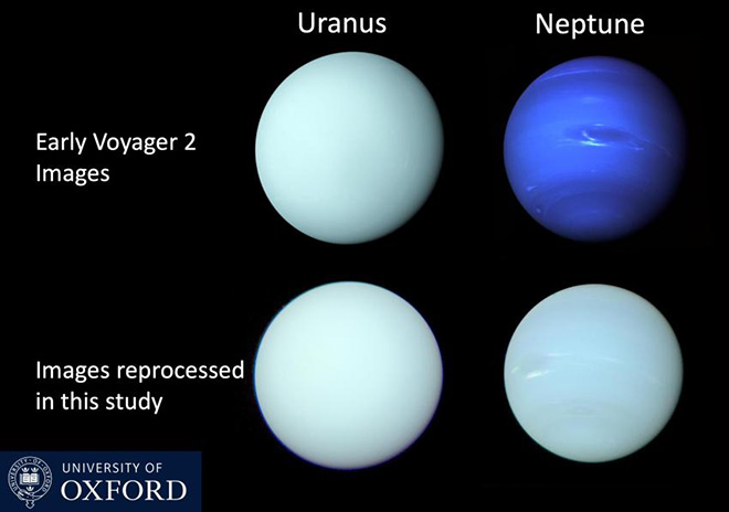 Uranus (left) and Neptune (right) are actually closer in colour (bottom) than early images taken by Voyager 2 (top) and released in the 1980s suggested. Credit: Patrick Irwin/University of Oxford/NASA