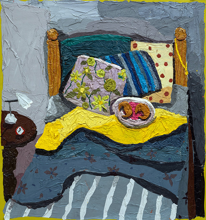 Franco Fasoli - Medialunas en la cama, 90x84 cm. collage on canvas