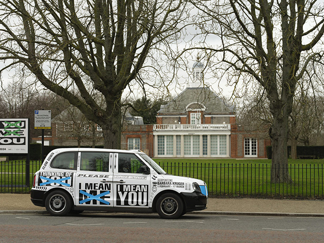 Untitled (Taxis), 2024. Barbara Kruger: Thinking of You. I Mean Me. I Mean You., 1 February – 17 March 2024, Serpentine South). Photo: George Darrell.