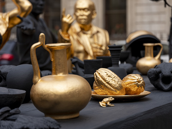 Installation view of the ‘Entangled Pasts, 1768–now. Art, Colonialism and Change’ at the Royal Academy of Arts, London (3 February - 28 April 2024), showing Tavares Strachan, The First Supper (Galaxy Black), 2023. Courtesy of the artist and Perrotin, collection of Glenstone Museum, Potomac, Maryland. Photo by Jonty Wilde