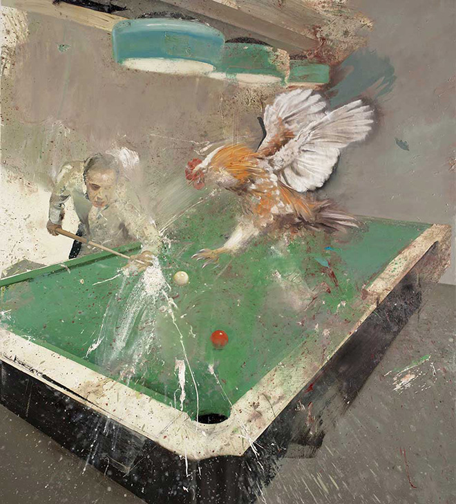 Nicola Pucci - Biliardo con gallo I, olio su tela, 120x108 cm. 2021
