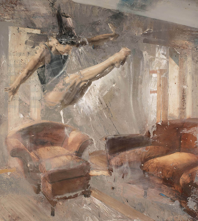 Nicola Pucci - Tuffo su divano, olio su tela, 100x90, cm. 2018