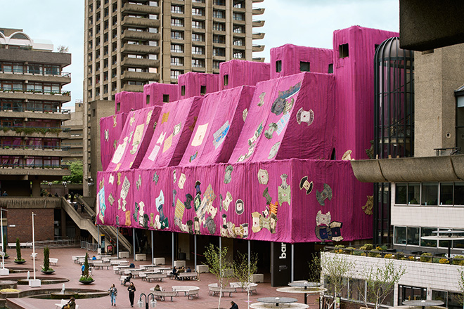 Ibrahim Mahama: Purple Hibiscus. Installation view Barbican Lakeside. 10 April 2024 – 18 August 2024. © Dion Barrett / Barbican Centre