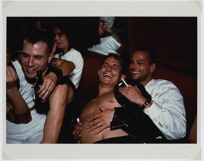 Nan Goldin, Clemens, Jens and Nicolas Laughing at Le Pulp, Paris, 1999 © Nan Goldin. Courtesy of Nan Goldin and Gagosian