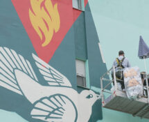 Shepard Fairey (OBEY) - Tear Flame Peace (work in progress), murale a Milano quartiere Gallaratese, via Adolfo Consolini 26. Photo credit: Wit Design SRL