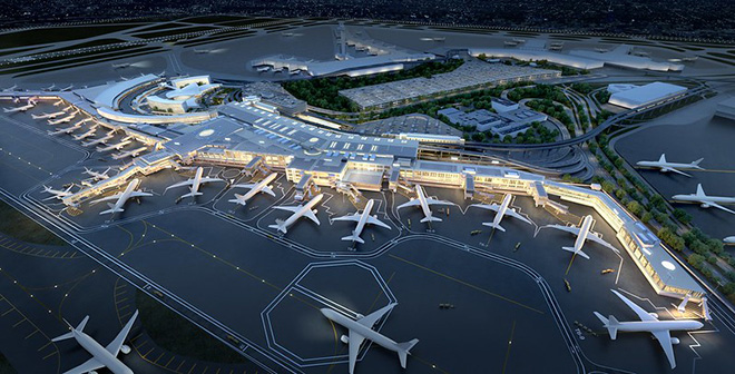 New renderings of JFK Terminal 6. This rendering shows an aerial airside exterior view of Terminal 6. The Port Authority of New York and New Jersey. Credit: JFK Millennium Partners