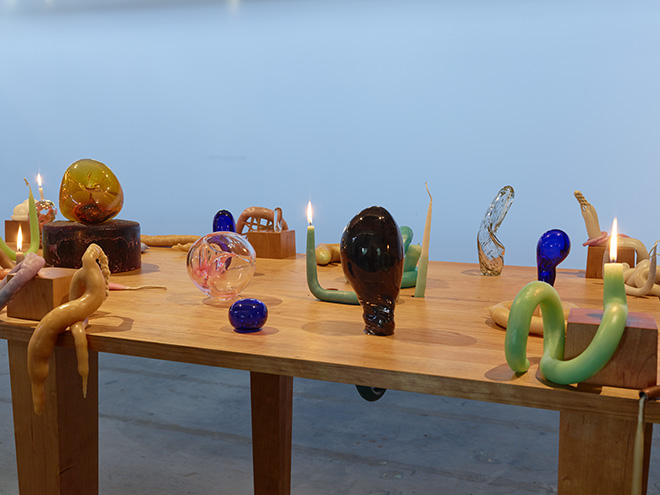 Kelly Akashi, Activity Table, 2016. cherry wood, wax, glass, wick 72 x 40 x 63 in (182,9 x101,6 x 160 cm). Courtesy of the artist and Lisson Gallery. Photo: Marten Elder