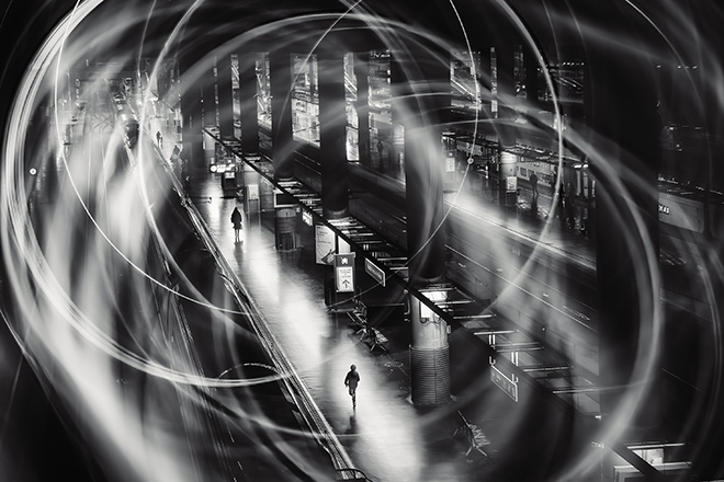 © Asako Naruto (Japan) / Courtesy of All About Photo. Title of the image: Don't miss that train (Galactic Railroad in Reverberation). Title of the series: Galactic Railroad in Reverberation. Merit Award Gallery, AAP Magazine 41 B&W