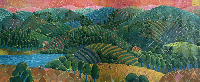 IIryna Maksymova - My native land, 2023, acrilico su tela, 235x95 cm.